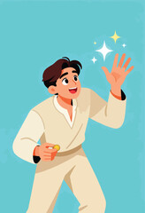 Young man in neutral clothing holds coin, looking up at bright stars