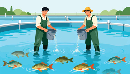 Two workers feed fish in a clear blue pond, surrounded by lush green hills