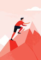 Figure in red shirt and shorts ascends a stylized red mountain