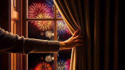 Person Opening Curtain to Celebratory Fireworks Outside Window at Night.