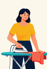 A woman ironing clothes on an ironing board in a minimalist style