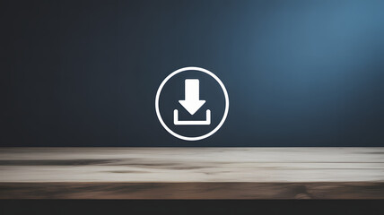 Modern download icon on wooden surface with dark background