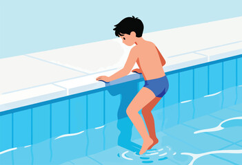 A young boy dips his feet into a bright blue swimming pool