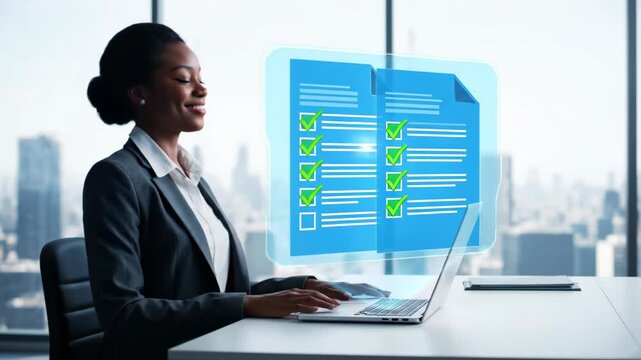 Professional businesswoman working on laptop with digital document interface