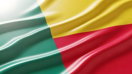 Obraz premium Waving flag of Benin with vibrant green, yellow, and red colors, showcasing a glossy, silky texture and dynamic folds under bright light.