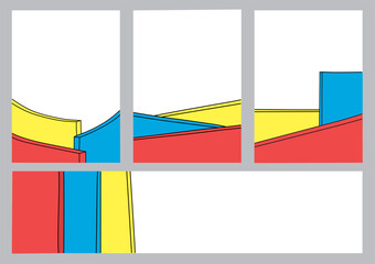A simple white background with hand drawn stroke of red, blue and yellow panels layout.