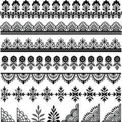 A set of beautiful intricate black and white decorative borders and lace patterns