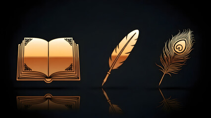 Set of premium gold vector icons: open book, pen, and peacock feather. Saraswati Puja and education theme symbols. Luxury metallic finish.
