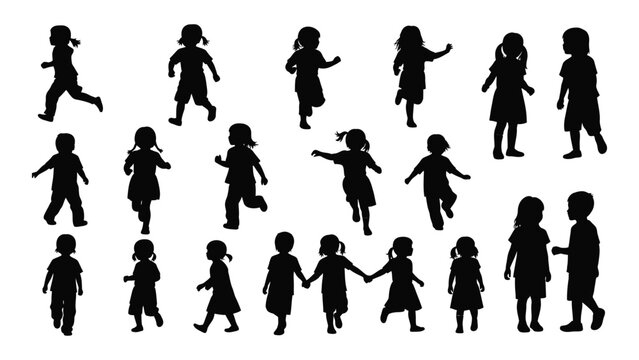 Silhouettes of children playing and running a collection of youthful energy depicted in black