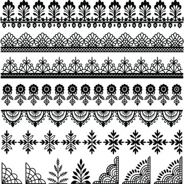 A set of beautiful intricate black and white decorative borders and lace patterns