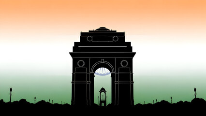 Fototapeta premium Minimalist silhouette of India Gate monument vector. Indian Republic Day background with tricolor fading effect. Simple and elegant design. 