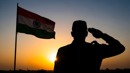Silhouette of Indian soldier saluting the national flag vector. Patriotic theme illustration for Republic Day celebration. Dramatic backlighting effect.
