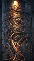 Naklejka premium Intricate carved wooden panel with abstract designs and dramatic lighting