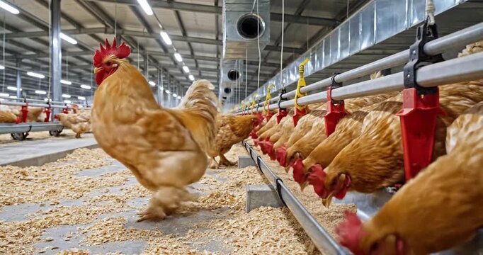Chickens in a modern poultry farm with feeding stations and a clean, spacious environment
