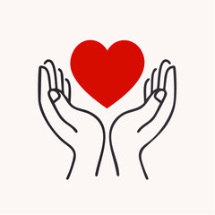 Obraz premium Hands holding a red heart icon symbolizing love, care, and health, representing compassion, kindness, and well-being