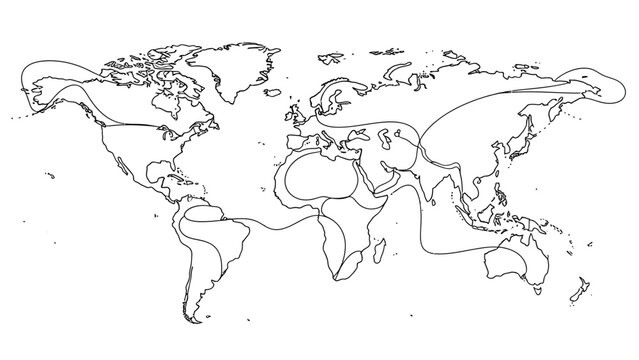 World map illustrating the spread of agriculture across continents, showing early centers of domestication and diffusion routes.