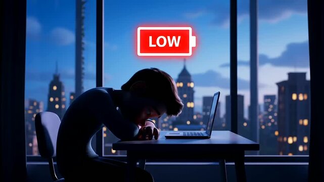 Animated Office Worker Experiences Burnout and Low Energy Symbolized by a Battery Icon, Highlighting Mental Health Awareness in the Modern Workplace