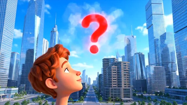 Animated Character with Question Mark Thought Bubble in Urban City, Symbolizing Mental Health Awareness, Doubt, and Contemplation