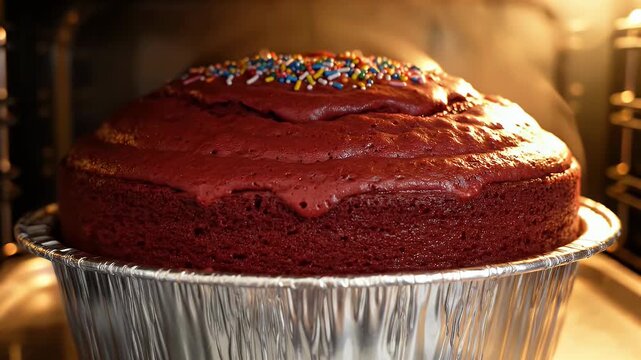 Red velvet cake batter rises in oven with sprinkles