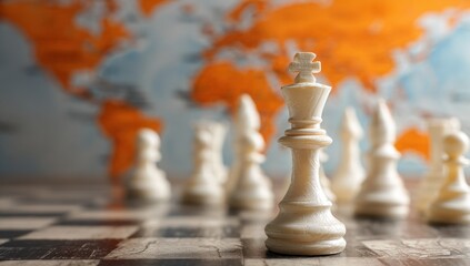 White chess pieces on a chessboard with a world map in the background.