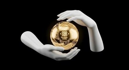 3D render of white hands holding a glowing golden sphere with 'GLOBAL CARE' text and abstract patterns, symbolizing global technology and protection.