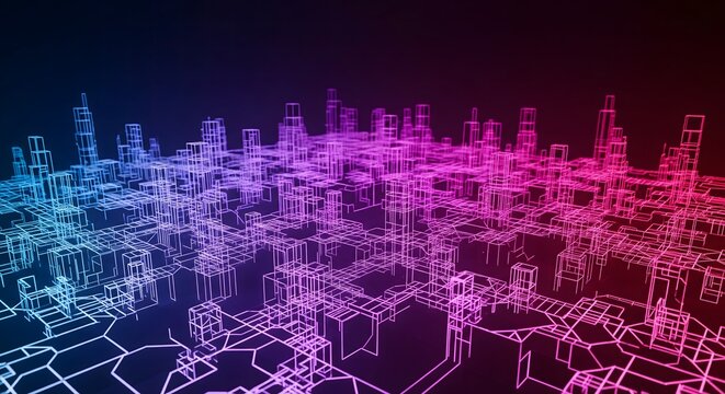 Futuristic Neon Wireframe Cityscape Digital Grid Technology Background - Powered by Adobe