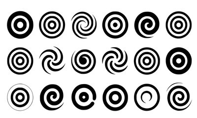 Set of black spiral and concentric circle icons, vector hypnotic swirl shapes and target symbols, decorative graphic design elements isolated on white background