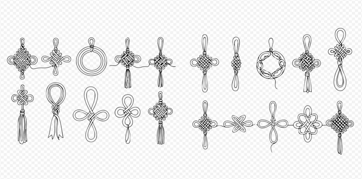 Set of hand drawn Chinese knot illustrations with tassels, traditional oriental decorative elements.