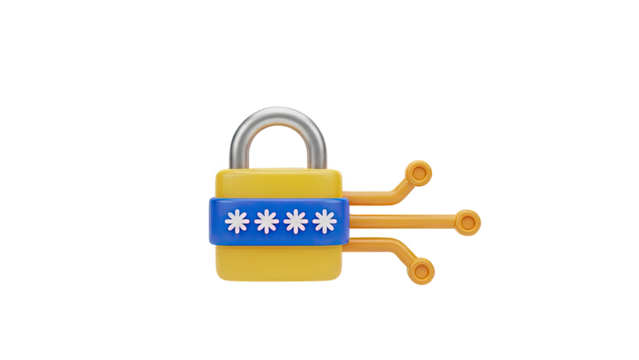 3D Icon of a Yellow Padlock with Stars and Circuitry - Powered by Adobe