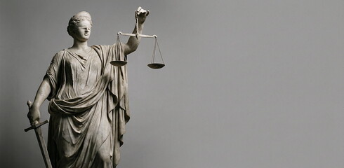 The Statue of Justice on dsrk grey background with copy space long banner