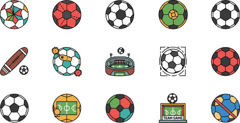 Soccer Ball Collection, Football Stadium and Team Sports Vector Icon Set © MUKTARANI