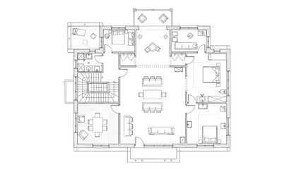 High-Quality Black Line Art of Courtyard House Floor Plan with Central Open Space