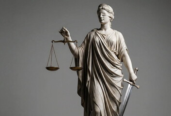 The Statue of Justice on dsrk grey background with copy space