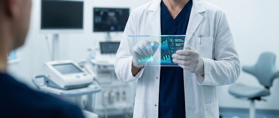 Medicine technology. Doctor with tablet for consulting patient in medical service for help in hospital. Digital tech for diagnostic, oline results and insuranse, innovative technologies. Banner