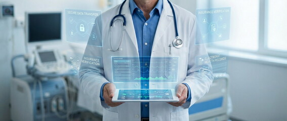 Medicine technology. Doctor with tablet for consulting patient in medical service for help in hospital. Digital tech for diagnostic, oline results and insuranse, innovative technologies. Banner