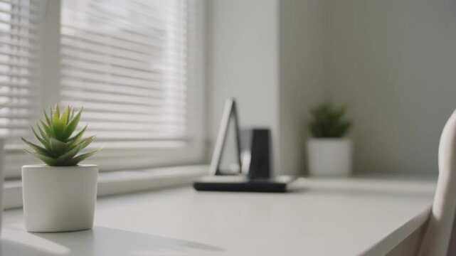 Minimal home office plant desk window light workspace succulent interior professional clean bright organization simplicity remote work domestic furniture decor lifestyle.
