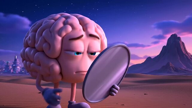 Confused Cartoon Brain Character Gazing into an Empty Mirror, Symbolizing Identity Crisis, Self-Reflection Challenges, and the Importance of Mental Health Awareness