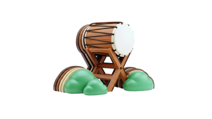 3D Illustration of a Bedug Drum with Wooden Stand and Green Clouds