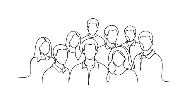 A minimalist continuous line drawing depicts a diverse group of nine people standing together, showcasing unity and community.