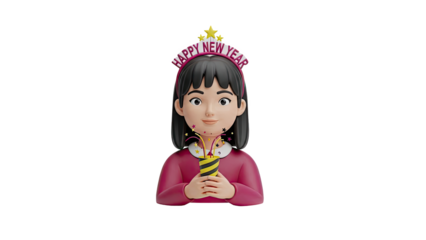 3D Girl with Happy New Year Headband and Party Popper