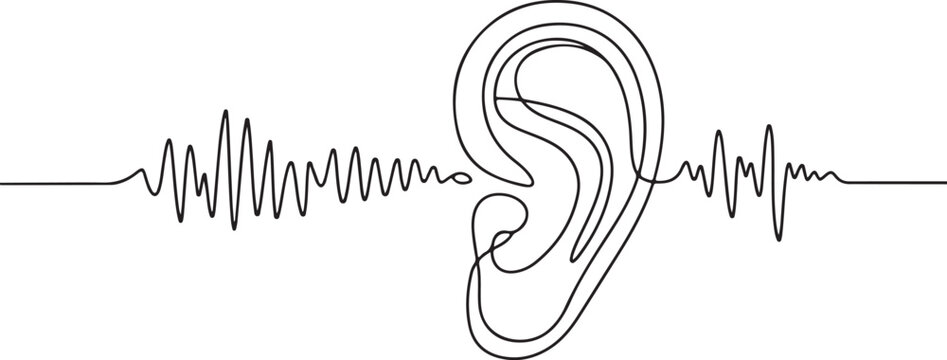 Black and white line art depicting an ear and sound waves, symbolizing hearing ability, acoustics, or audio technology.
