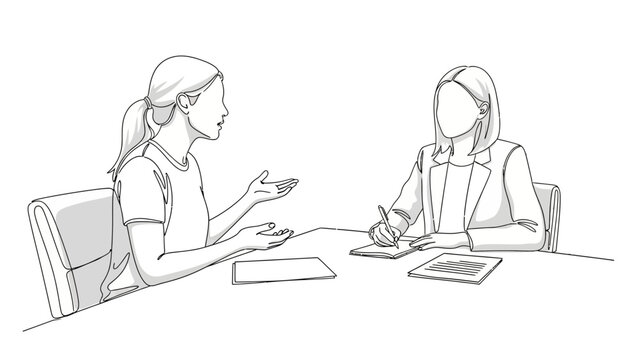 Two women are sitting at a table, one gesturing while speaking and the other taking notes.
