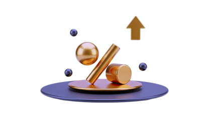 3D Golden Percentage Symbol with Upward Arrow