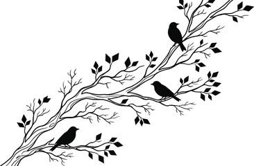Bird silhouettes on tree branch, black and white nature illustration, minimalist wildlife vector, elegant wall art design, isolated background, decor