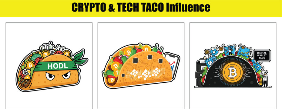 Crypto and tech tacos with Bitcoin and HODL theme Keywords: taco, crypto, bitcoin, hodl