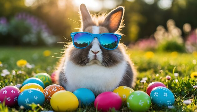 Cute bunny wearing blue sunglasses sitting among colorful easter eggs on green grass, funny spring holiday celebration concept - Powered by Adobe