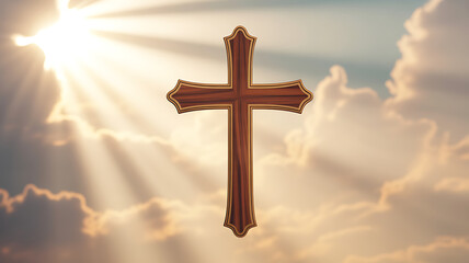 An ornate wooden cross floats amidst heavenly clouds as sun rays break through from the sky