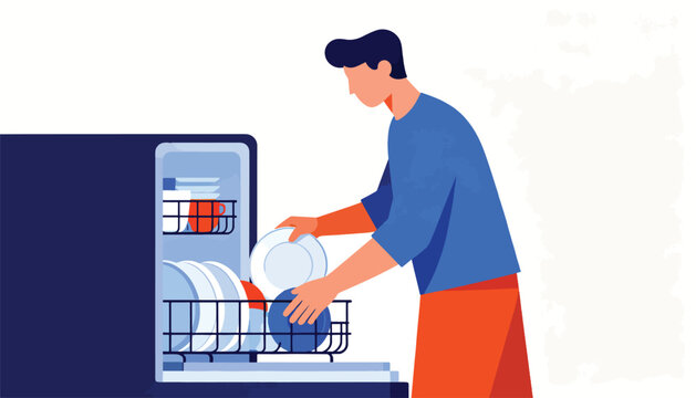 Person loading plates into a dishwasher for cleaning