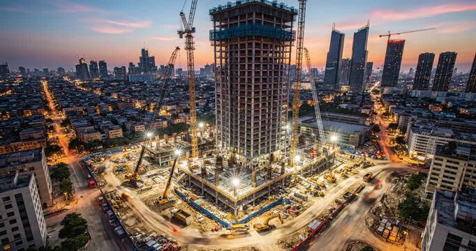 Aerial view of a construction site featuring a tall building under development at sunset