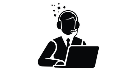 Black and white icon representing a customer service agent wearing a headset and working diligently on a laptop computer to provide professional technical support assistance.